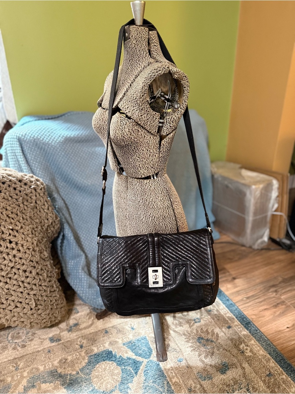L.A.M.B. Black Quilted Chevron Leather Crossbody – Silver Turn‑Lock